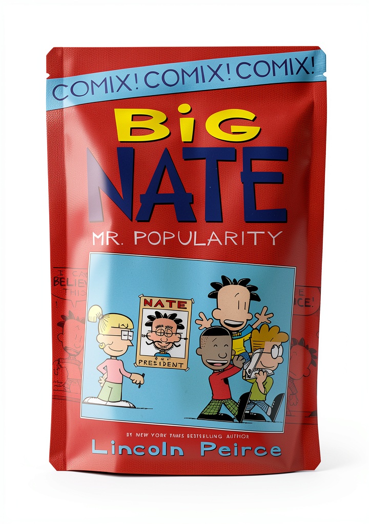 Big Nate Comix Childrens Graphic Novel shown open on a child's desk with backpack in background