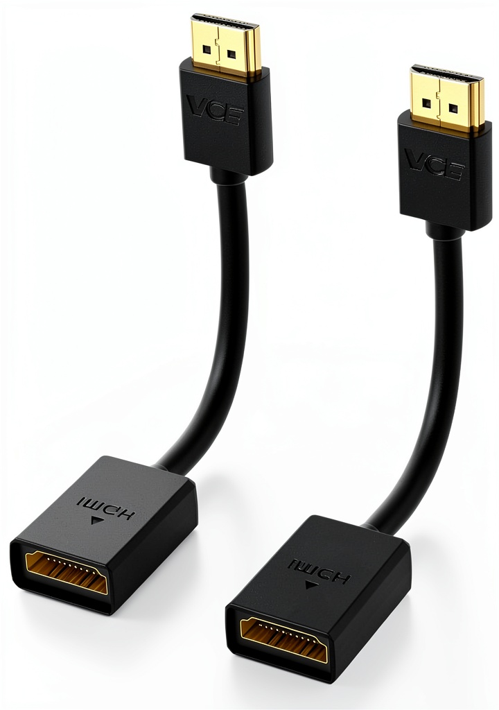 VCE short HDMI adapter installed behind a slim TV in a living room