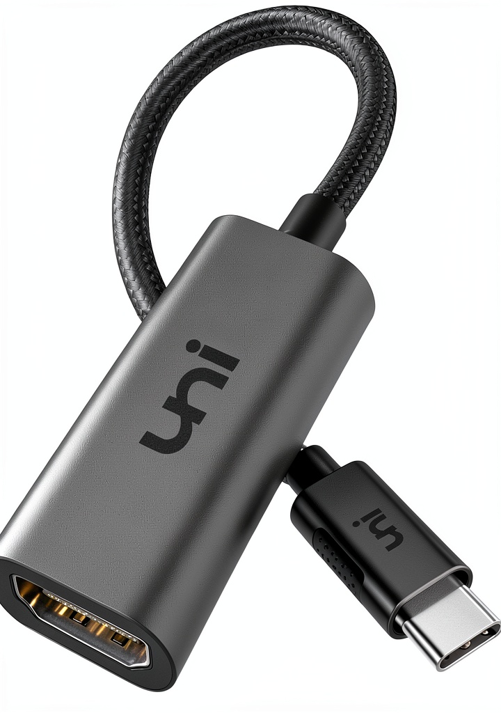 uni USB-C to HDMI adapter connected to a 4K monitor in a modern office