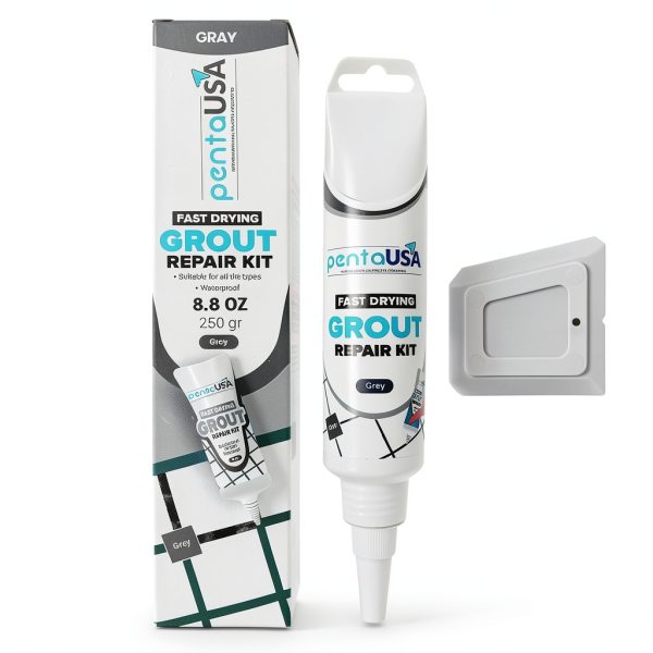 PentaUSA Tile Grout Repair Kit - Grey Grout Filler, Triple Protection, Fast Drying Formula Restores and Renews Joint Lines with Grout Float (Grey, 8.8oz / 250gr)-0